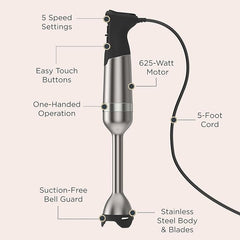 Vitamix 5-Speed Immersion Blender, Professional-Grade Hand Blender with 625-Watt Motor and Stainless-Steel Blade, Stainless Steel/Black